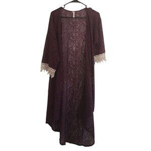 Divine Doll Duster Women's Size 1X Purple Lace White Trim Long Sleeve